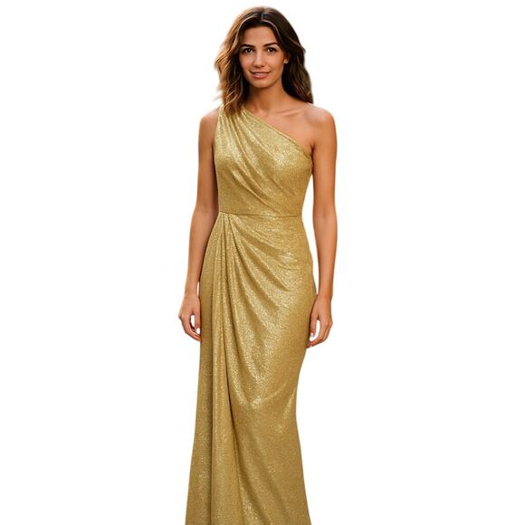Theia One Shoulder Sleeveless Sash Embellished Sequin Gown Gold Size 4 NWT - Picture 1 of 12